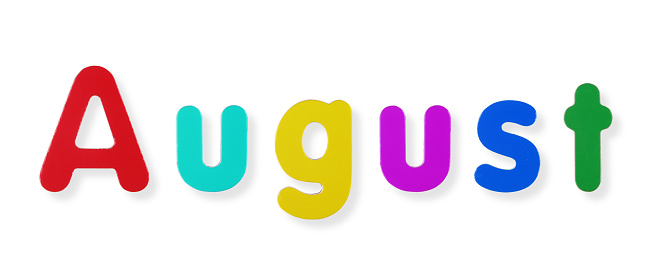 An August word in coloured magnetic letters on white with clipping path to remove shadow