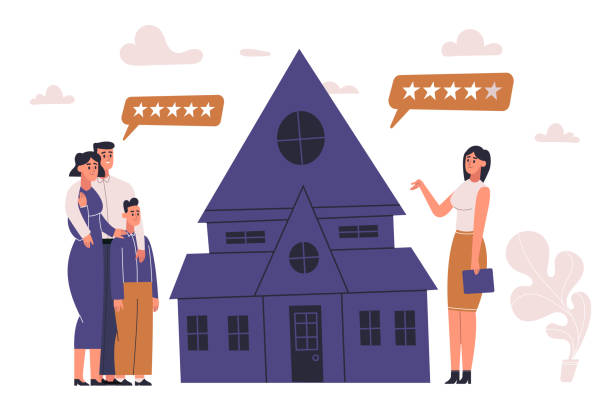 ilustrações de stock, clip art, desenhos animados e ícones de family searching new home. parents with son looking at new house for sale - real estate house couple buying