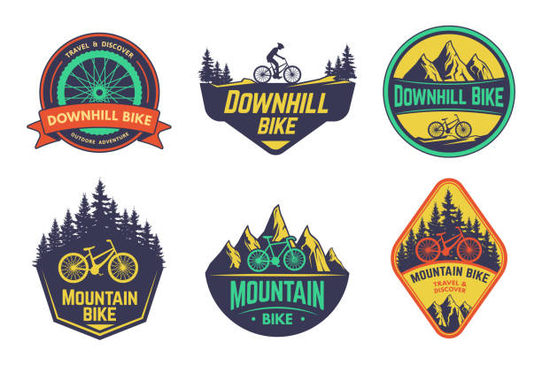 Mountain bikes badge of bicycle mountain emblem, sport extreme outdoor illustration of race rider logo, icon or label vector
