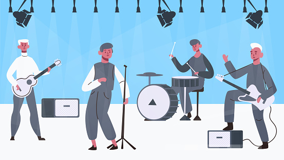 Musicians characters on the stage. Vector of music stage illustration, character make performance or concert, singer with band, musical person perform show