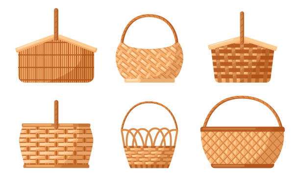Wicker baskets set. Picnic empty design container Wicker baskets set. Picnic empty design container, straw traditional and natural handmade, wooden woven, handle craft for easter, vector illustration bamboo straw stock illustrations