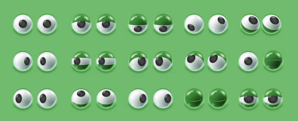 Funny 3D cartoon eyes. Simple eyeballs with eyelids, glossy eye and fun look. Doodle facial expression vector elements set Funny 3D cartoon eyes. Simple eyeballs with eyelids, glossy eye and fun look. Doodle facial expression vector elements set of cartoon eye, eyesight 3d illustration side eye expression stock illustrations