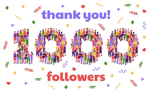 Thank you 1000 followers banner. Social media thousand subscriber milestone celebration party confetti and people crowd number isometric vector illustration of social 1000 community people