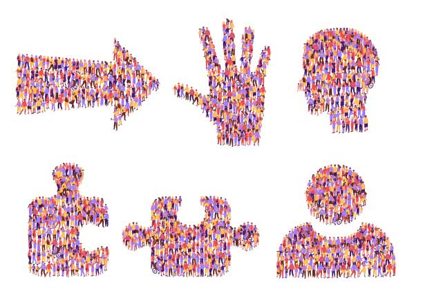 istock Society icons. People crowd forming community direction arrow, helpful hand and team head. Person and jigsaw puzzle piece employee forum icon vector illustration set 1974934495
