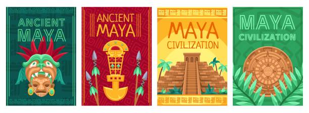 ilustraciones, imágenes clip art, dibujos animados e iconos de stock de carteles de la civilización maya. máscara tradicional antigua, pirámide y conjunto de ilustración vectorial del calendario maya - architecture celebration traditional culture indigenous culture