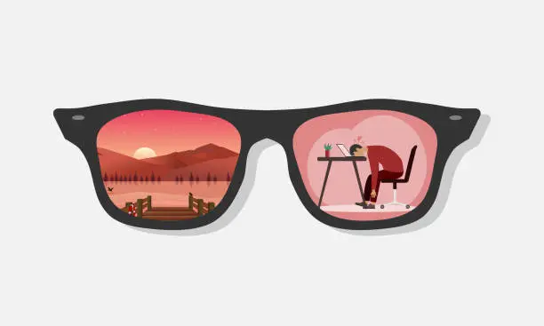 Vector illustration of Sunglasses with reflection of a view of nature and a tired worker. Taking a break from work. Vector illustration.