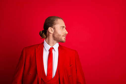 Photo portrait of attractive young man profile look show bristle empty space wear trendy classic clothes isolated on red color background.