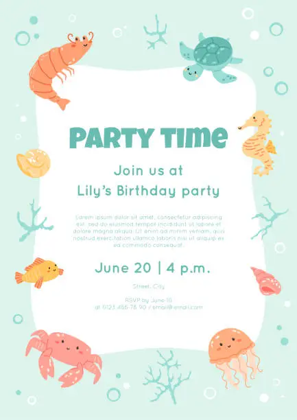 Vector illustration of Invitation to a children's birthday party in the style of underwater.