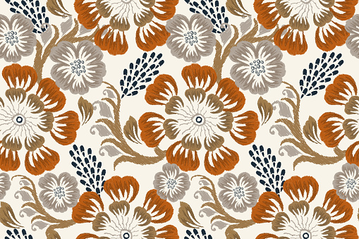Damask Ikat floral seamless pattern on white background vector illustration.rose flower embroidery.design for fashion women,texture,fabric,clothing,wrapping paper,curtains,decoration.vintage wallpaper