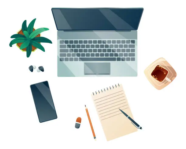 Vector illustration of Top view of workspace with notebook coffee cup and plant. Vector cartoon flat lay of workplace mobile phone, note book and headphones