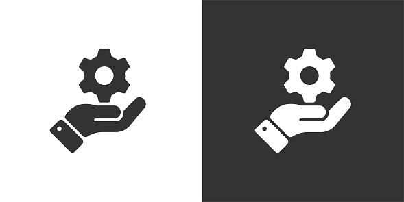 Hand with gear icon. Solid icon that can be applied anywhere, simple, pixel perfect and modern style.
