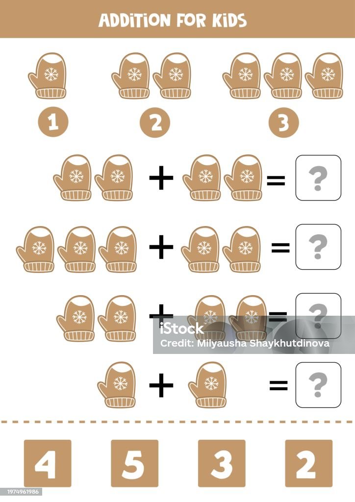 Math Basic Addition Cartoon Addition For Kids With Different Cute Cartoon Gingerbread Mitten Stock ...