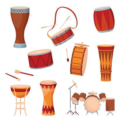 Different drums and percussion big set vector flat illustrations isolated over white background, music instruments shop.