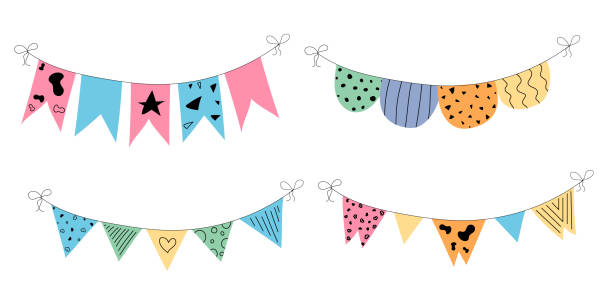 istock Flag garland bunting heart, star birthday party flat set. Anniversary, celebration party hanging flags cartoon collection. Buntings pennants, festival decoration. Isolated vector illustration. 1974968387