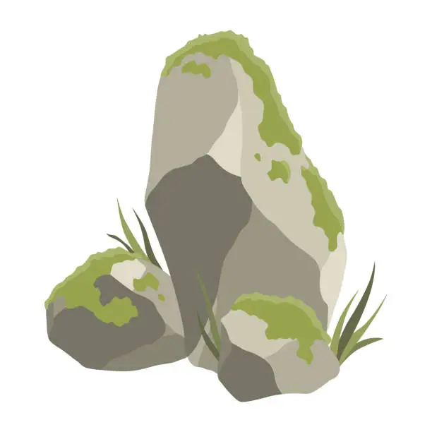 Vector illustration of Rock stone formations. Small boulder mountain with grass and moss, big icon with rocky texture, heavy piles. Cobblestones of various shapes, hard rock rubbles. Vector cartoon background