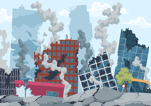 Earthquake destruction buildings and cracked the ground, houses and street. Natural disasters. City panorama with damaged house. Urban ruined landscape vector illustration.