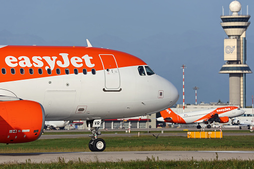 Two Airbus A319 aircrafts operated by low-cost airline Easyjet in Milan Malpensa airport.