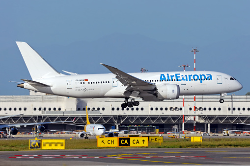 A Boeing 787 aircraft operated by Spanish airline Air Europa in Milan Malpensa airport.