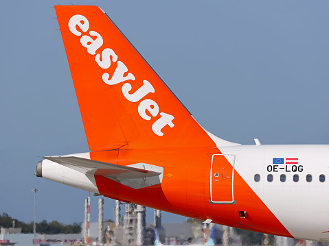An Airbus A320-200 aircraft operated by low-cost airline Easyjet in Milan Malpensa airport.
