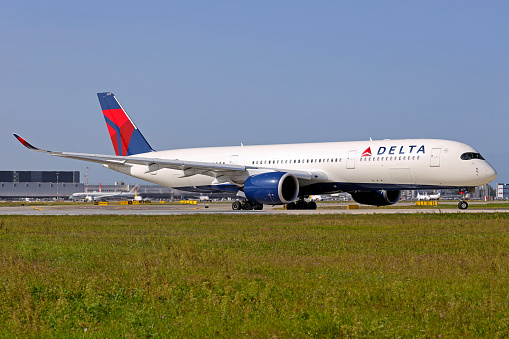 An Airbus A350-900 operated by Delta Airlines in Milan Malpensa airport.