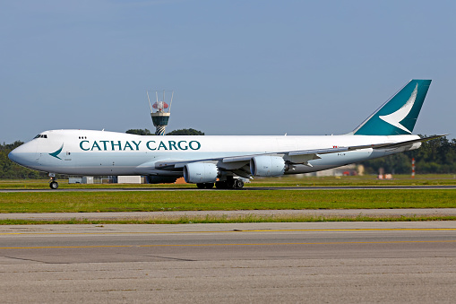 A Boeing 747-8F cargo aircraft operated by Cathay Pacific Cargo in Milan Malpensa airport