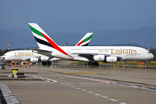 An Airbus A380-800 operated by Emirates airline in Milan Malpensa airport.