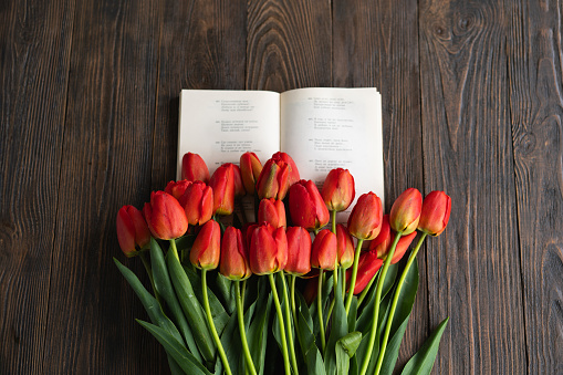 Fresh orange tulips with open book or diary on wooden background. Springtime