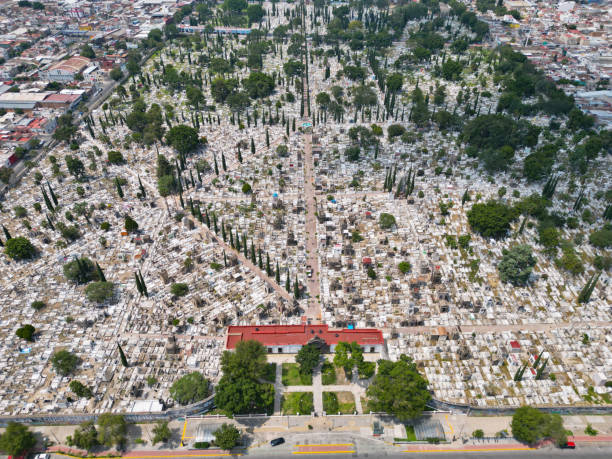 descanso eterno: horizonte de drone sobre o cemitério de mezquitan, guadalajara - cemetery tombstone grave old - fotografias e filmes do acervo
