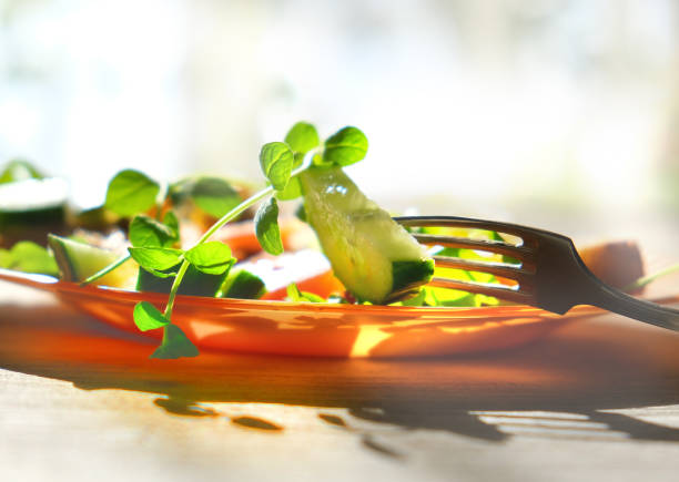 Healthy vegetables salad. Spring sunlight and soft blurred. Vegan and vegetarian diet menu. Clean and detox eating concept.