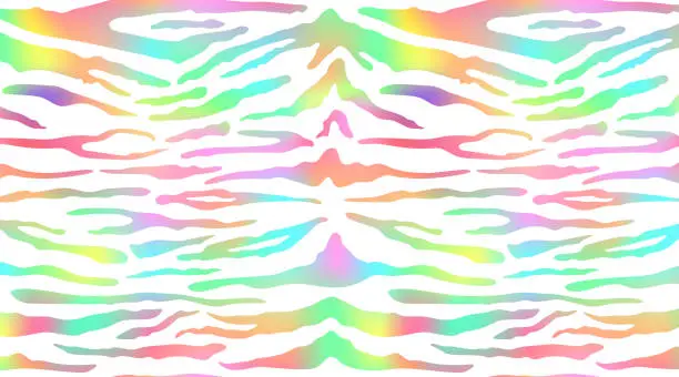 Vector illustration of Trendy Neon Tiger pattern horizontal background. Vector rainbow wild animal skin textured background, gradient shiny stripes on white background luxury print. Abstract safari texture for wallpapers
