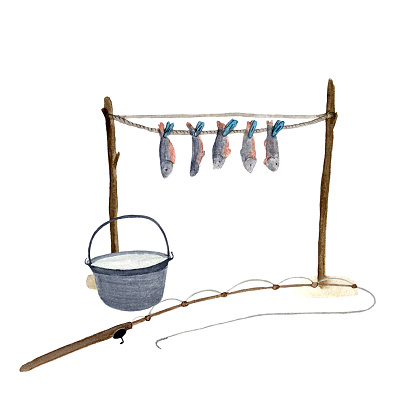 Watercolor hand painted drying fish on clothesline, fishing rod, pot isolated on white. High quality composition for cards banners, advertisements, invitations, guides, tape stickers outdoor design