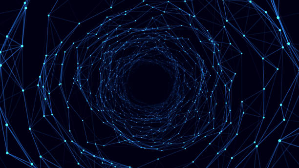 istock Futuristic vector sci-fi circle portal in space. 3D ai tunnel with dots and lines. Abstract digital wormhole data. Flow particle by funnel. Fantasy circle vortex on dark background. 1975024566