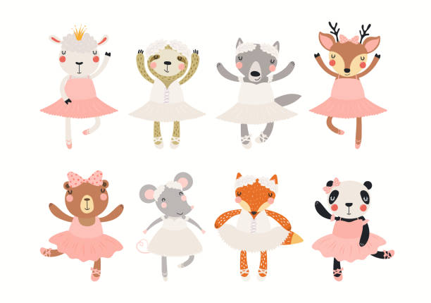 Cute animals ballerina girls, ballet dancers set Cute animals ballerina girls, ballet dancers clipart collection, isolated on white. Hand drawn vector illustration. Scandinavian style flat design. Cartoon characters for kids fashion, textile print wolf and lamb stock illustrations
