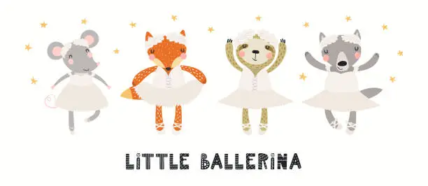 Vector illustration of Banner with cute animals ballerina girls, dancers