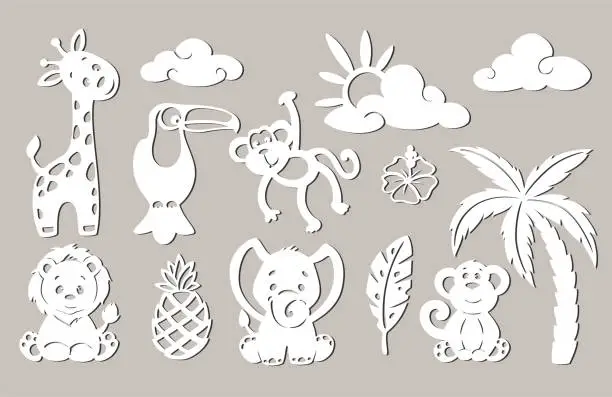 Vector illustration of Set of tropical animals, plants, clouds and the sun. For laser plotter cutting, for baby decor