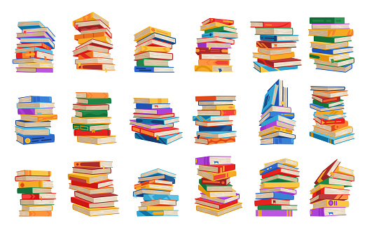 High book stacks or pile icon set. Library textbooks and school literature heaps, dictionaries. Bookstore advertise. Cartoon stacked books angle view with different colorful covers isolated on white.