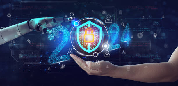 AI 2024, Businessman holds internet network security key, Encryption of user personal information, Cyber security and network information data protection of annual business plan 2024.