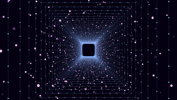 istock Futuristic vector sci-fi circle portal in space. 3D ai tunnel with dots and lines. Abstract digital wormhole data. Flow particle by funnel. Fantasy circle vortex on dark background. 1975055459