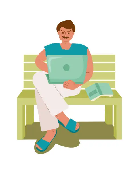 Vector illustration of man with a laptop on a bench