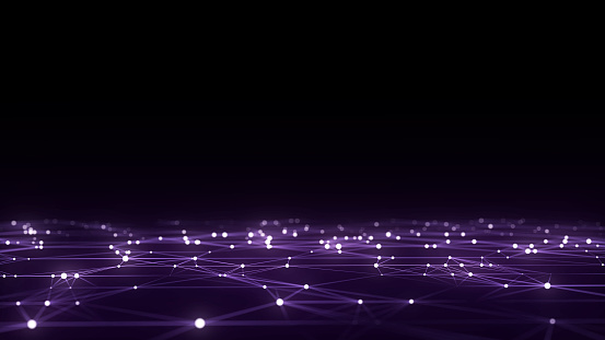 Technology purple perspective grid in infinity. Abstract digital wireframe floor with lines. Dark wave in digital background. Flooring illustration. Analysis a network connection. 3D rendering.