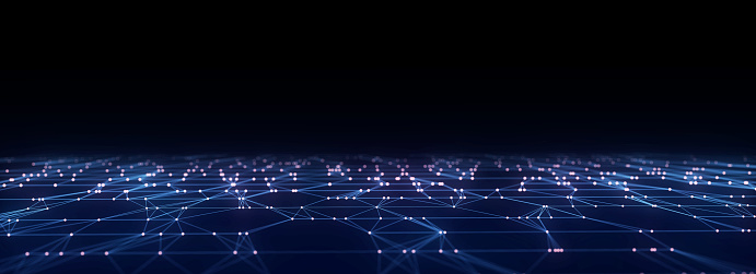 Technology perspective grid in infinity. Abstract digital wireframe floor with lines. Dark wave in digital background. Flooring illustration. Analysis a network connection. 3D rendering.