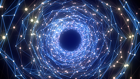 Futuristic sci-fi circle portal in space. 3D colors ai tunnel with dots and lines. Abstract digital wormhole data. Flow particle by funnel. Fantasy circle vortex on dark background. 3D rendering.