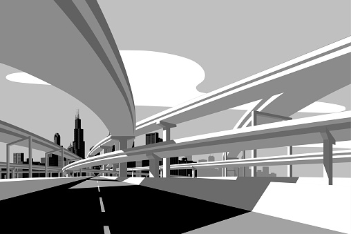 Black and white drawing of highway overpass and city skyline. Modern urban life and futuristic vector illustration