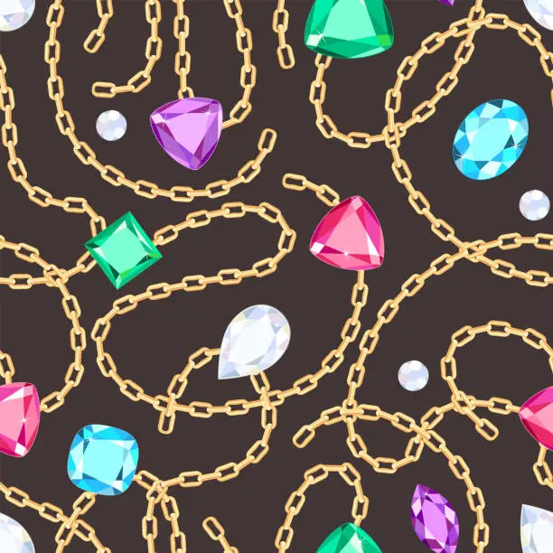 Vector illustration of Gold chains and multi-colored gems on dark background. Seamless pattern with jewels. Vector cartoon illustration.
