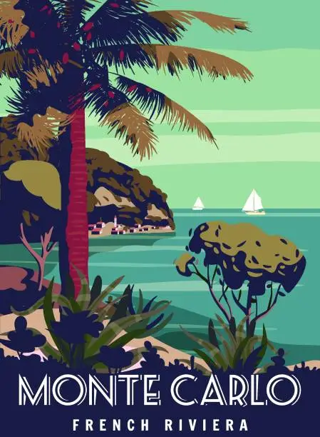 Vector illustration of Monte Carlo French Riviera Retro Poster. Tropical coast scenic view, palm, Mediterranean marine