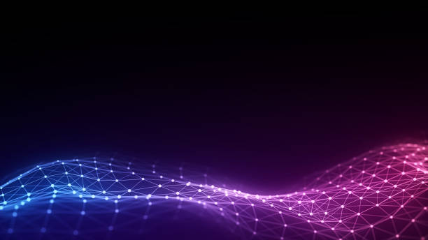 Dark cyberspace in digital background. Abstract technology wave with motion glowing dots and lines. Connection big data. Futuristic wireframe texture. Analysis a network connection. 3D rendering.