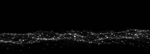 istock Dark cyberspace in digital background. Abstract technology wave with motion dots and lines. Connection big data. Futuristic wireframe texture. Analysis a network connection. 3D rendering. 1975059513