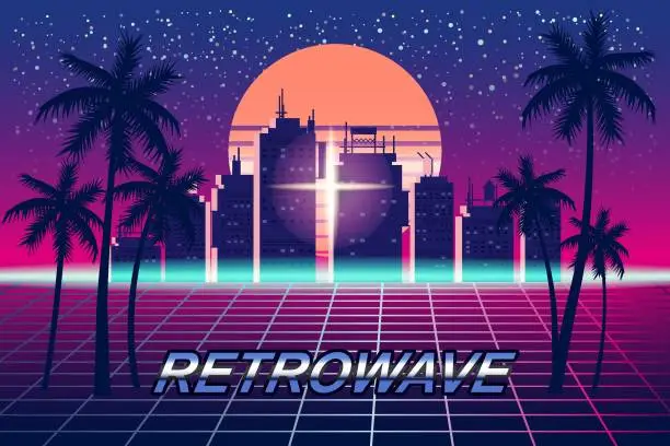Vector illustration of Retrowave banner vaporwave aesthetic background. Futuristic city palms grid 3d, sunset 80's Synthwave