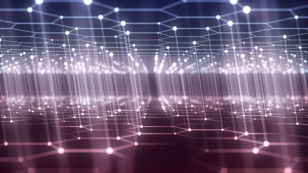 istock Abstract technology hexagon grid with motion dots and lines. Dark cyberspace in digital background. Dynamic cyber hexagon mesh. Medical backdrop. Futuristic wireframe texture. 3D rendering. 1975060159