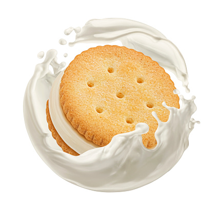 Sandwich cookie falling with milk splash isolated on white background, package design element